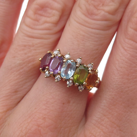 925 Sterling Silver Gold Plated Vintage Real Multi-Color Gem Ring Size 8