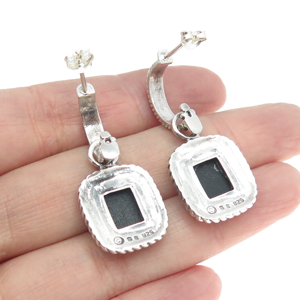 925 Sterling Silver Vintage Real Black Onyx Charm Dangling Earrings