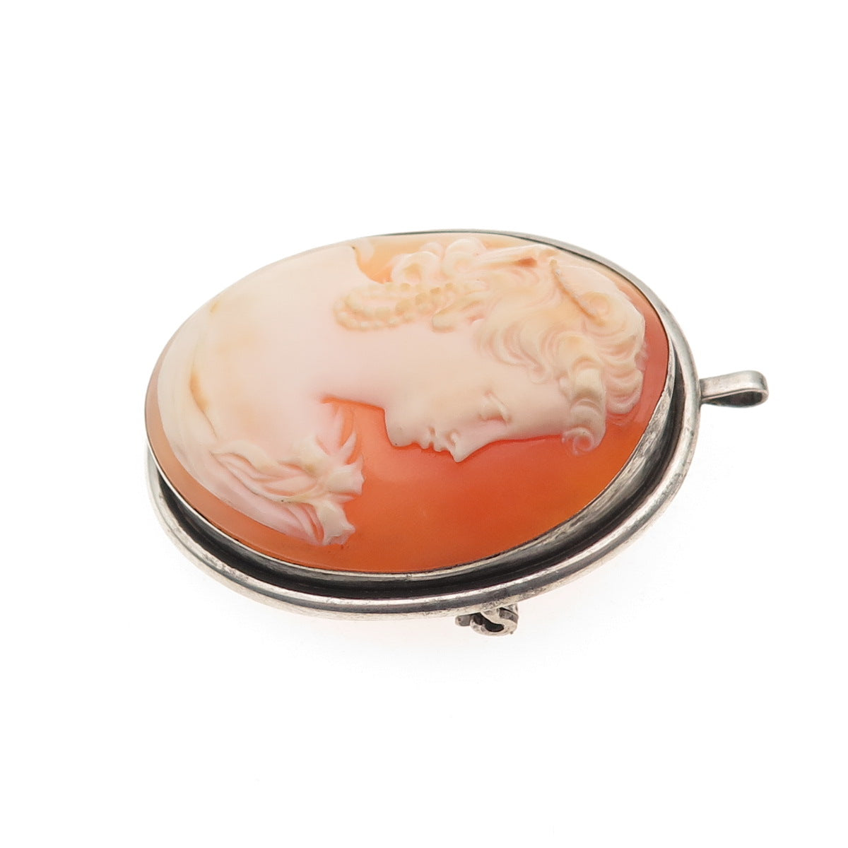 800 Silver Antique Art Deco Real MOP Carved Lady Cameo Pin Brooch / Pendant