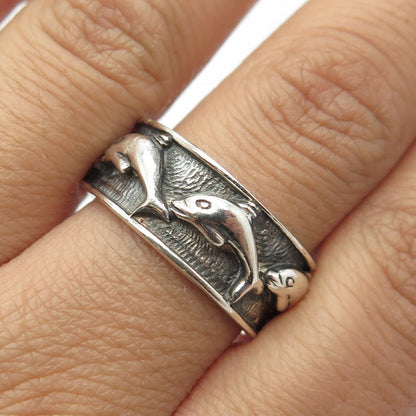 925 Sterling Silver Vintage Friendly Dolphin Band Ring Size 10