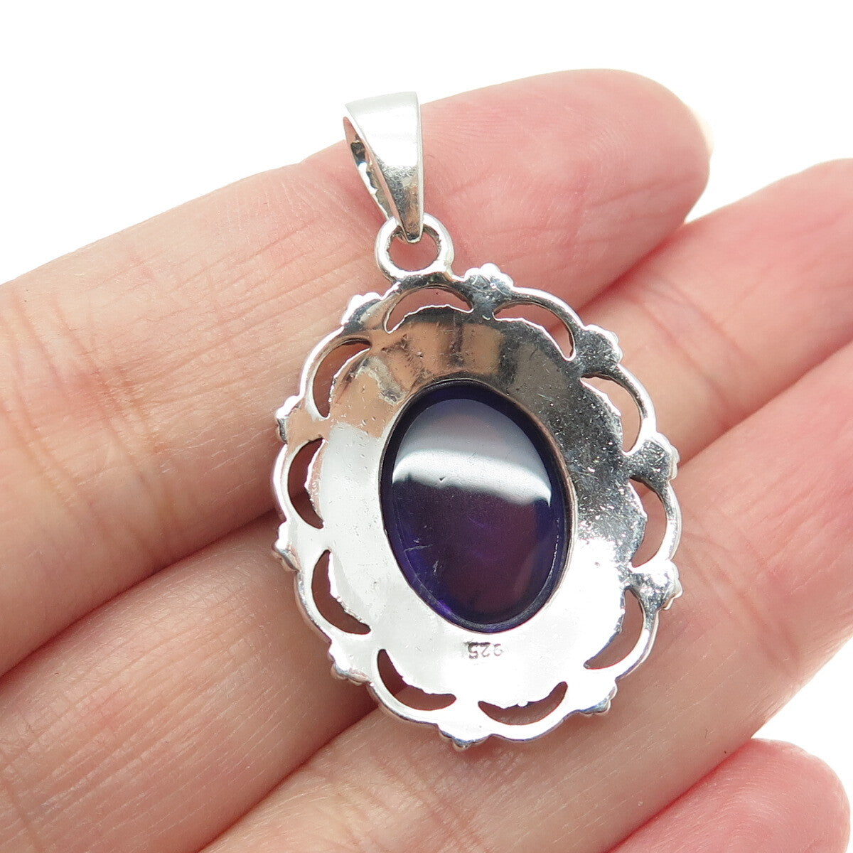 925 Sterling Silver Vintage Real Amethyst Floral Granulated Oxidized Pendant