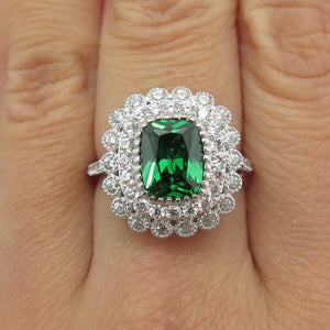925 Sterling Silver Green Octagon-Cut & White Round-Cut Shaped C Z Ring Size 8
