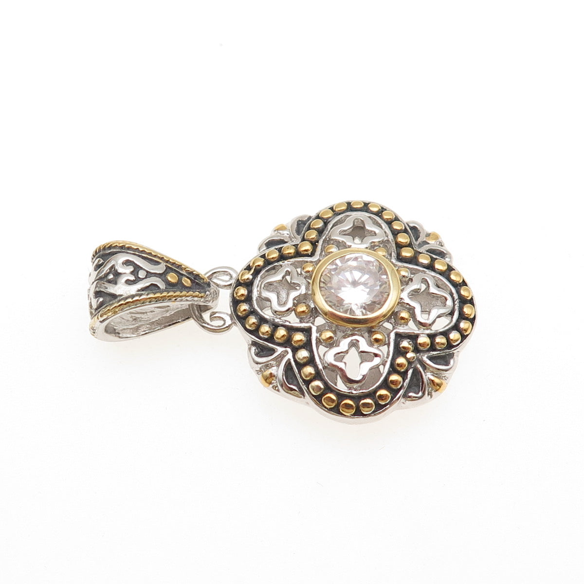 925 Sterling Silver 2-Tone Round-Cut C Z Beaded Cross Charm Pendant