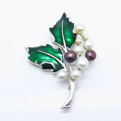 925 Sterling Silver Vintage Philippines Real Pearl & Enamel Leaf Pin Brooch