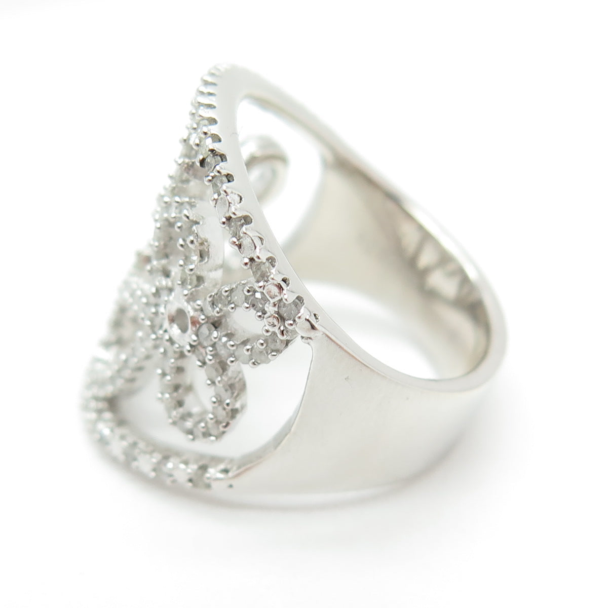 925 Sterling Silver Real Round-Cut Diamond Floral Cross Ring Size 7