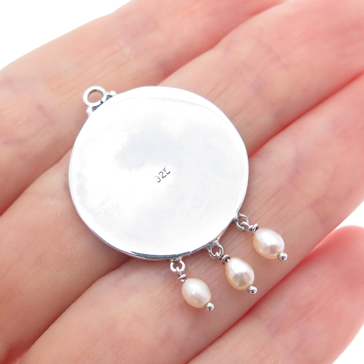 925 Sterling Silver Vintage Real Pearl Modernist Oxidized Charm Pendant