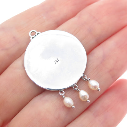 925 Sterling Silver Vintage Real Pearl Modernist Oxidized Charm Pendant