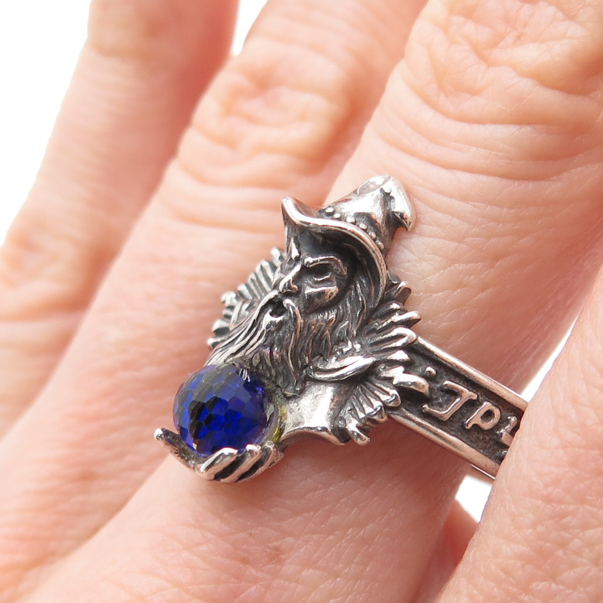 SHUBE 925 Sterling Silver Vintage Blue Glass Wizard Oxidized Ring Size 11.75