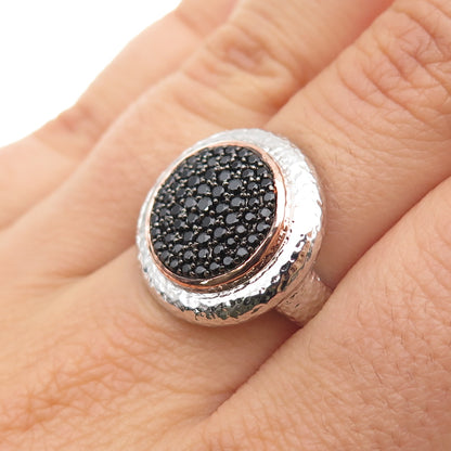 925 Sterling Silver 2-Tone Real Round-Cut Black Spinel Hammered Ring Size 7.25