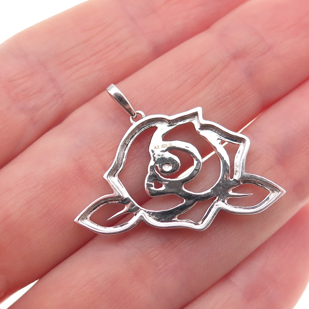 925 Sterling Silver Black Rhodium Real Diamond Accent Rose Floral Charm Pendant