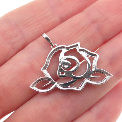 925 Sterling Silver Black Rhodium Real Diamond Accent Rose Floral Charm Pendant