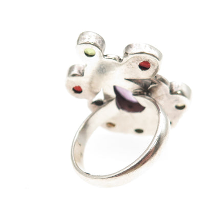 925 Sterling Silver Vintage Real Amethyst Peridot Citrine Red Garnet Ring Size 7