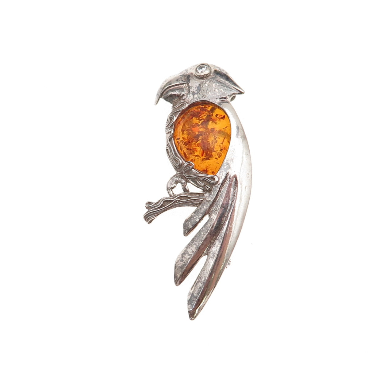 925 Sterling Silver Vintage Real Amber Parrot Bird Oxidized Pin Brooch / Pendant