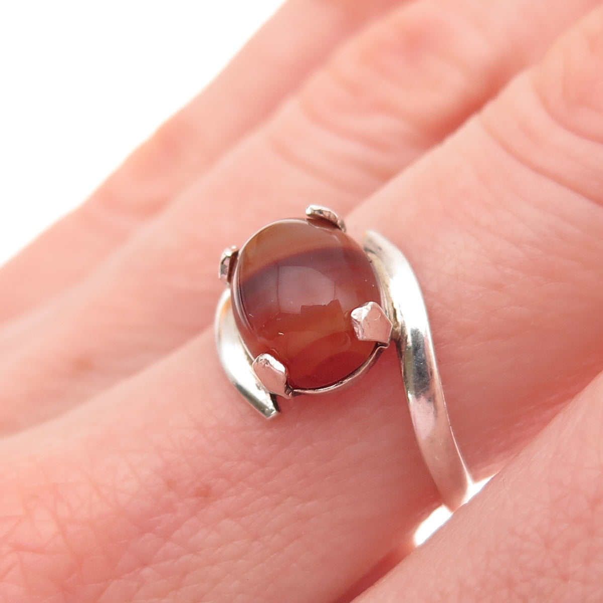 925 Sterling Silver Vintage Real Agate Modernist Bypass Ring Size 5.75