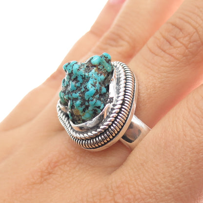 925 Sterling Silver Vintage Real Turquoise Modernist Ring Size 11.5
