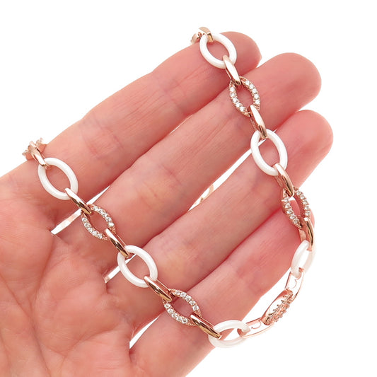 925 Sterling Silver & Ceramic Rose Gold Plated C Z Oval Chain Necklace 16"