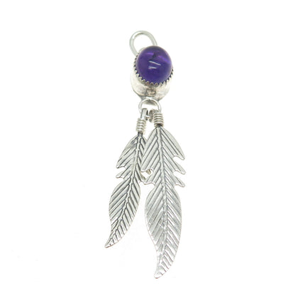 EDE NAVAJO Sterling Silver Vintage Southwestern Real Amethyst Feather Pendant