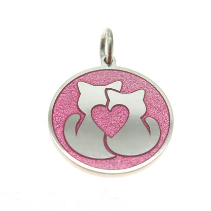 925 Sterling Silver Pink Enamel Cat Love Round Tag Minimalist Charm Pendant