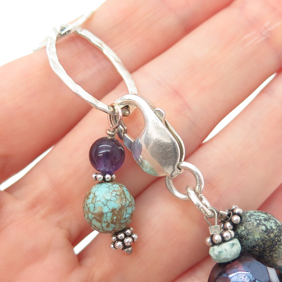 925 Sterling Vintage Turquoise Amethyst & Crystal Beaded Hamsa Bracelet 7-8.25"