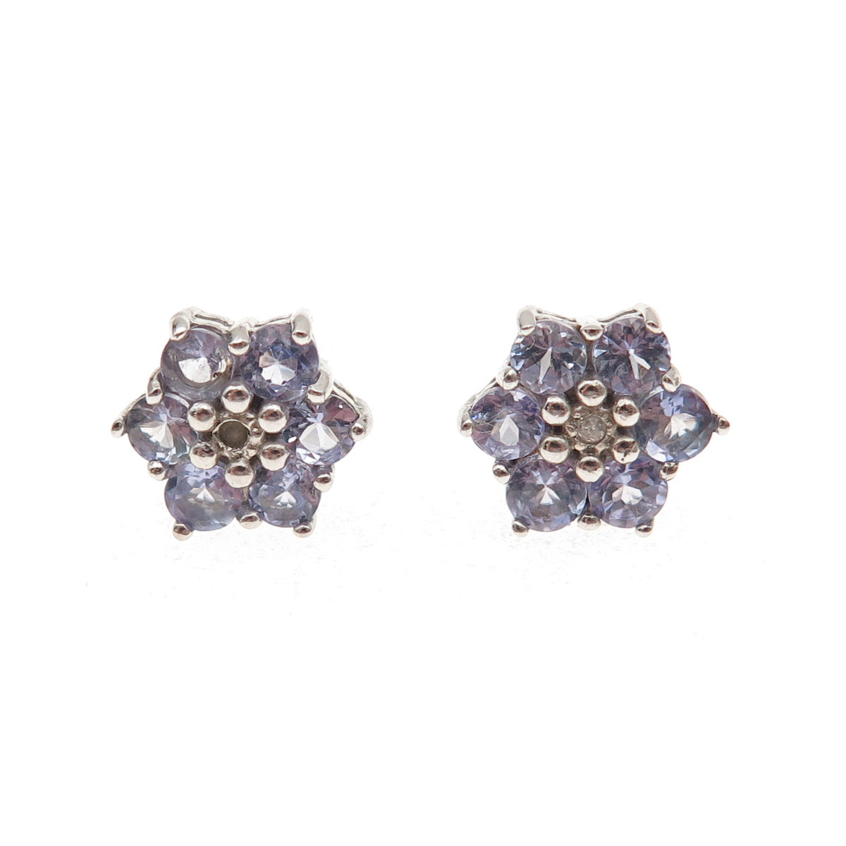 925 Sterling Silver Real Round-Cut Diamond & Tanzanite Floral Stud Earrings