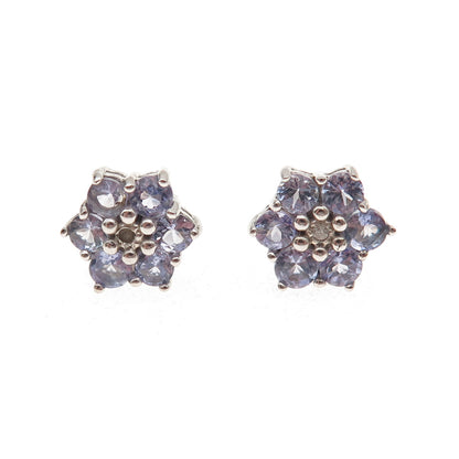 925 Sterling Silver Real Round-Cut Diamond & Tanzanite Floral Stud Earrings
