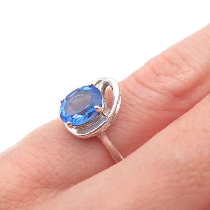 925 Sterling Silver Vintage Real Oval-Cut Blue C Z Modernist Ring Size 4.25