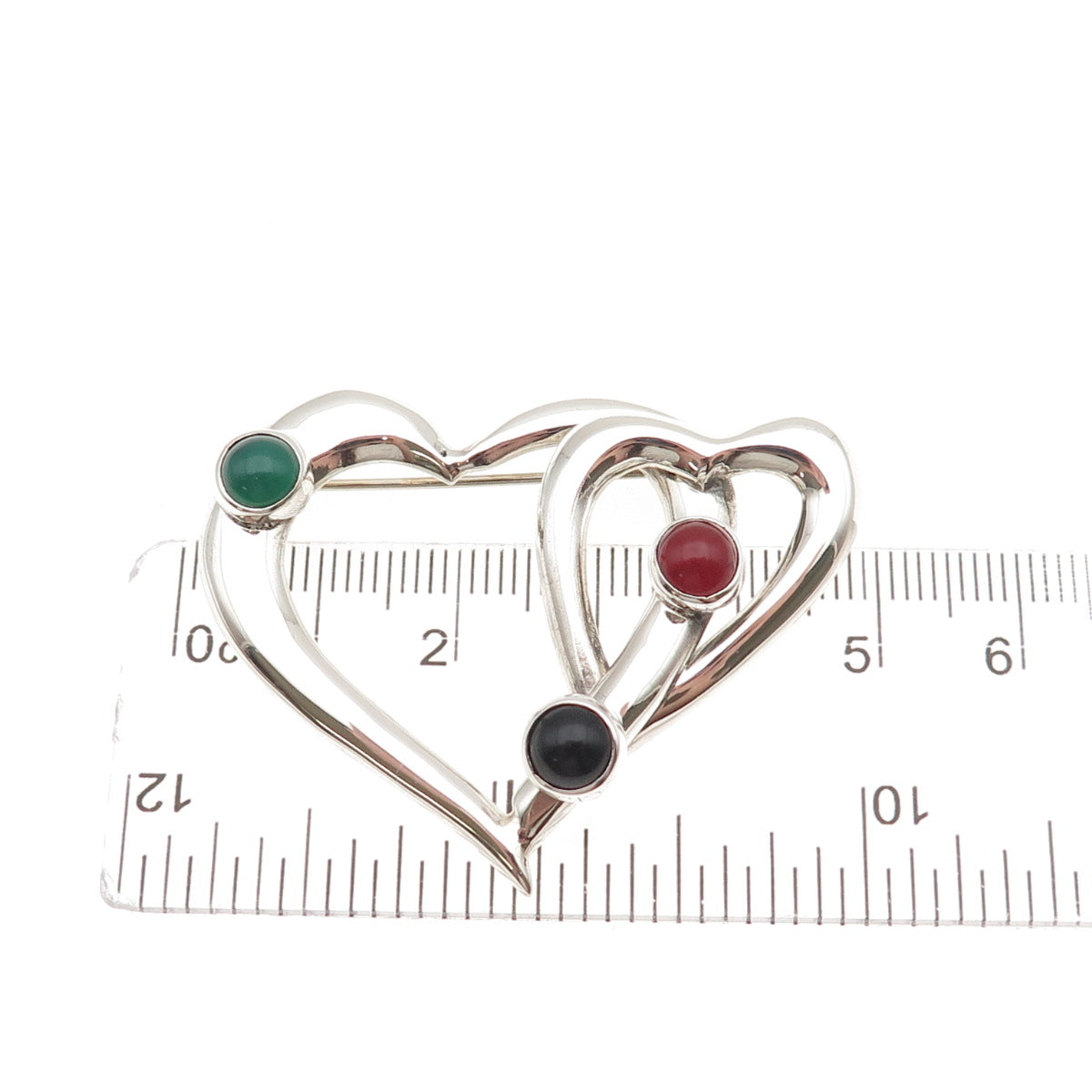 925 Sterling Vintage Mexico Real Green & Black Onyx Carnelian Heart Pin Brooch
