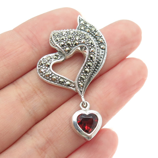 925 Sterling Silver Vintage Real Red Garnet & Marcasite Drop Heart Pendant