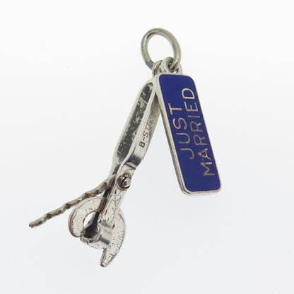 BEAU 925 Sterling Silver Antique Enamel "Just Married" Bottle Opener Pendant