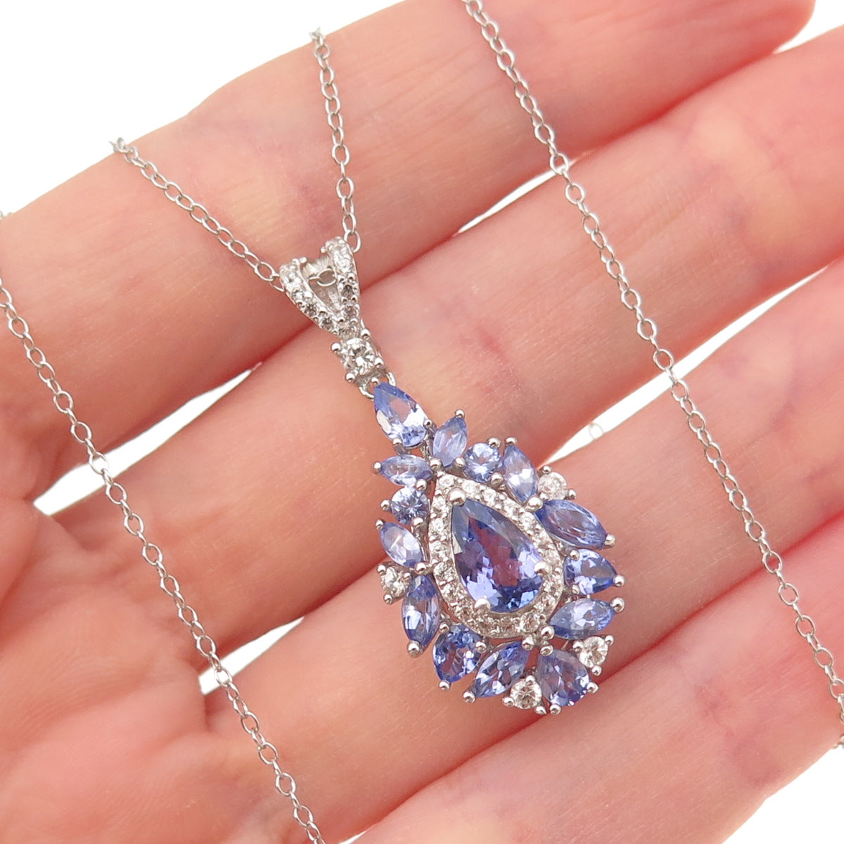 925 Sterling Silver Real Tanzanite & White Topaz Cable Chain Necklace 18"