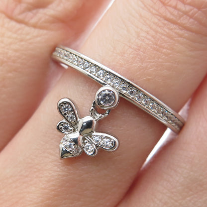 MILOR 925 Sterling Silver Italy Round-Cut C Z Bee Dangle Charm Ring Size 9.25