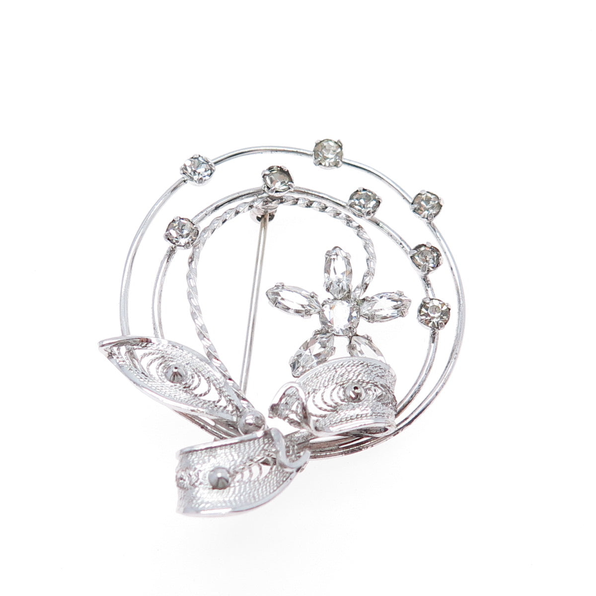 AM LEE Sterling Silver Antique Art Deco Rhinestone Floral Filigree Pin Brooch