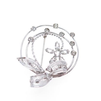 AM LEE Sterling Silver Antique Art Deco Rhinestone Floral Filigree Pin Brooch