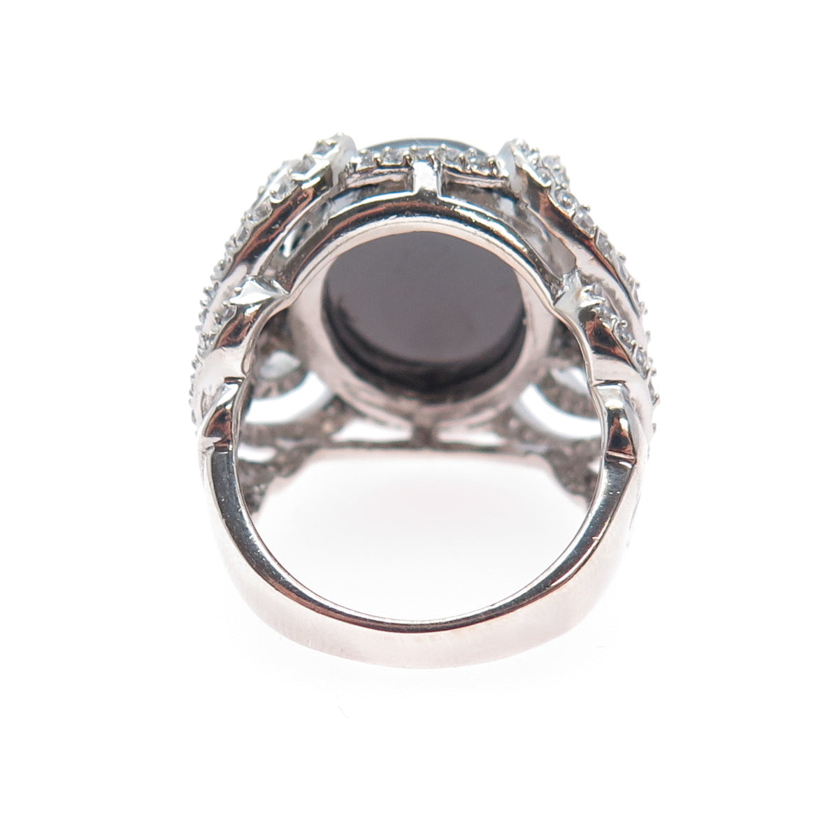 925 Sterling Silver Real Hematite & C Z Floral Ring Size 7.25