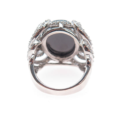 925 Sterling Silver Real Hematite & C Z Floral Ring Size 7.25