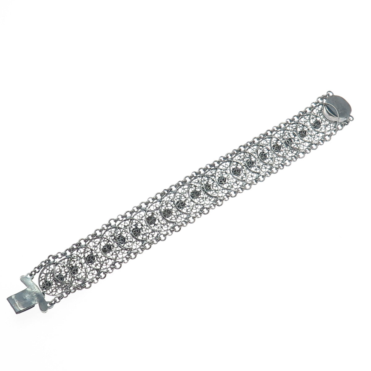 835 Silver Antique Netherlands Filigree Overlap Disc Oxidized Bracelet 6.75"