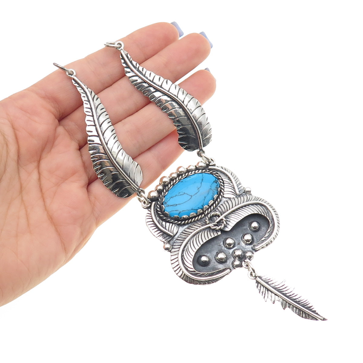 925 Sterling Silver Vintage Mexico Turquoise Feather Centerpiece Necklace Part
