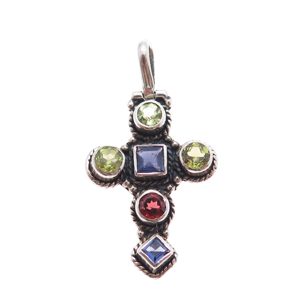 925 Sterling Silver Vintage Real Iolite Peridot & Red Garnet Cross Charm Pendant
