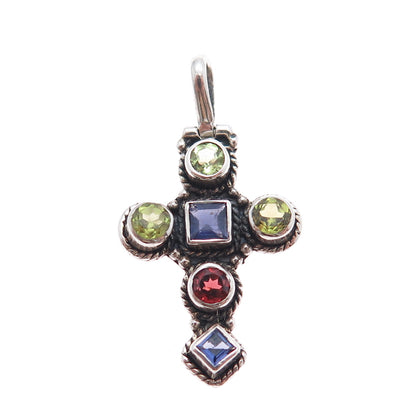 925 Sterling Silver Vintage Real Iolite Peridot & Red Garnet Cross Charm Pendant