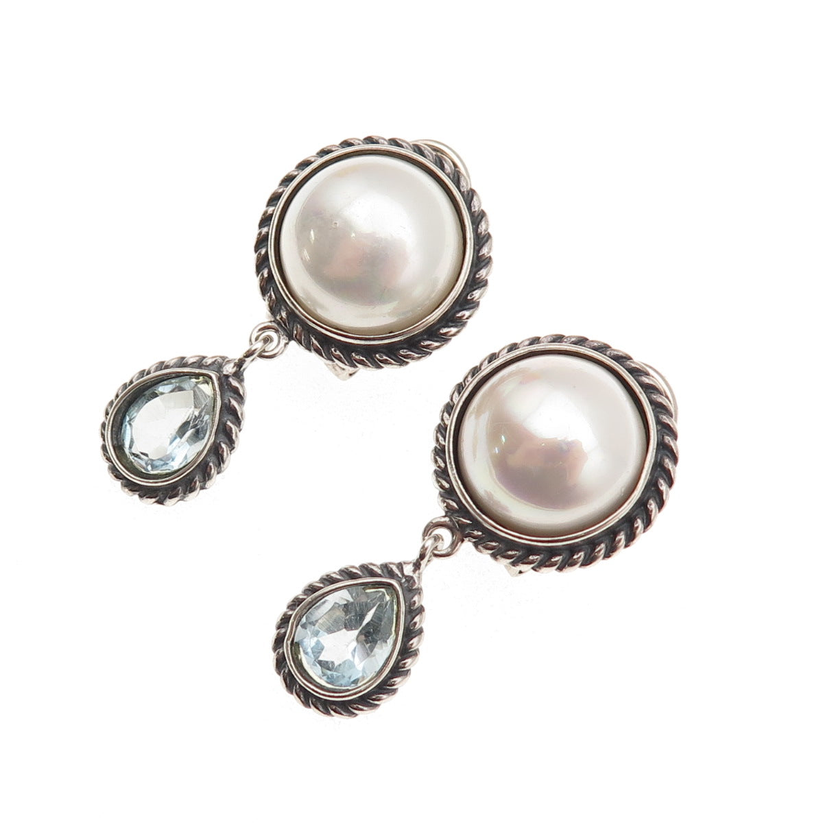 FD Felicia 925 Sterling Vintage Real Blue Topaz & Faux Pearl Omega Back Earrings