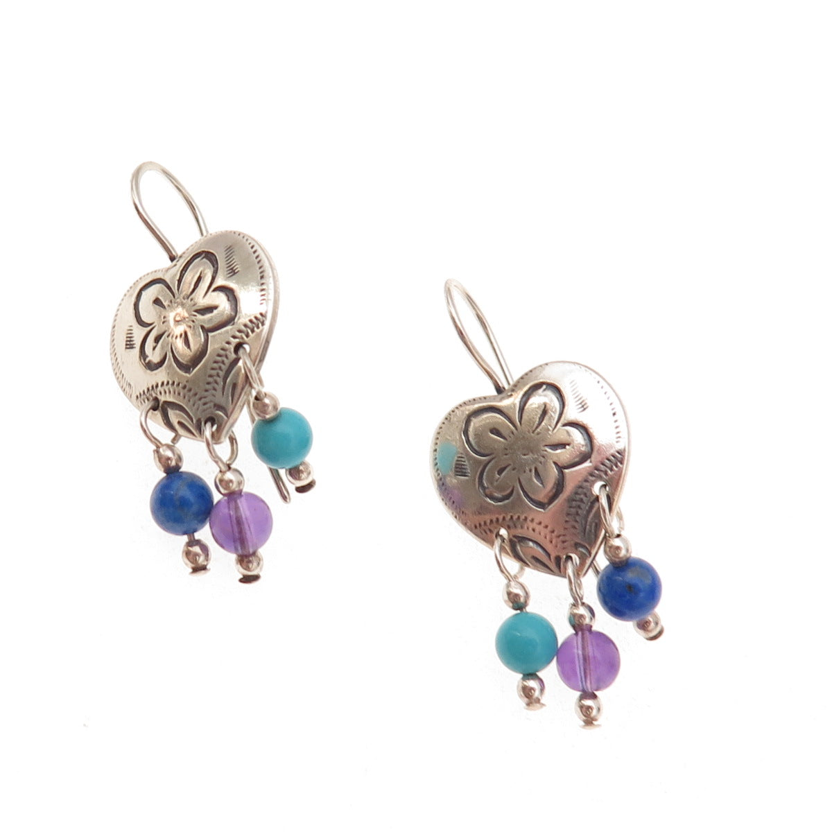 Carolyn Pollack Sterling Silver Vintage Turquoise Lapis Amethyst Heart Earrings