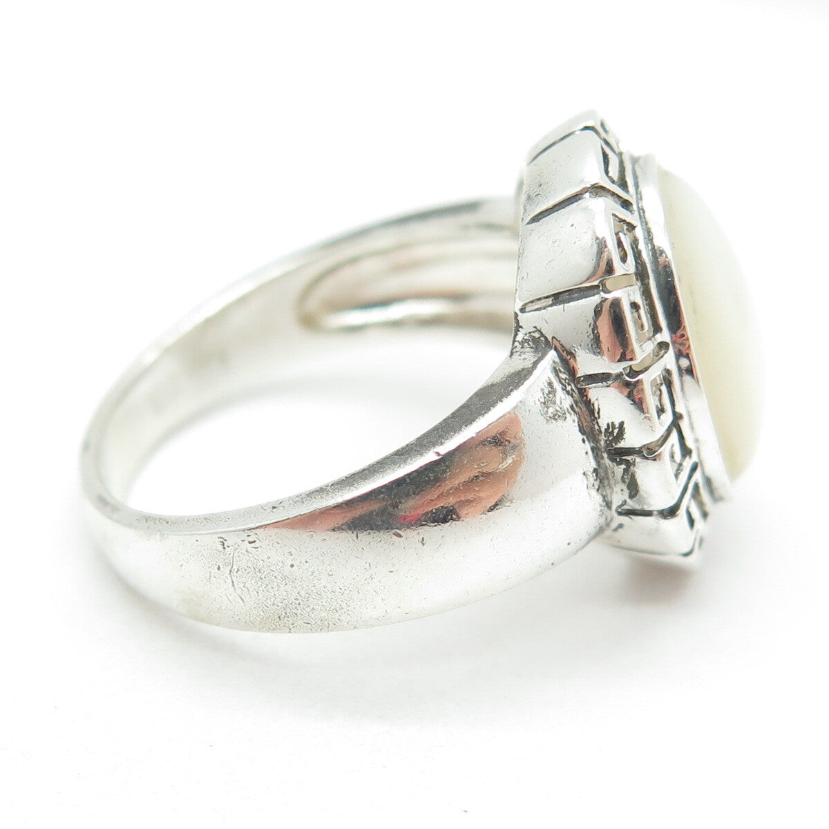 925 Sterling Silver Vintage Real Mother-of-Pearl Greek Maze Ring Size 9.25