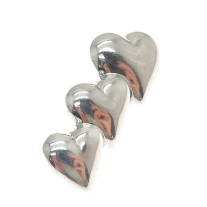925 Sterling Silver Vintage Graduated Puffy Three Hearts Pin Brooch