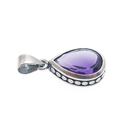 925 Sterling Silver Vintage Real Pear-Cut Amethyst Dotted Minimalist Pendant