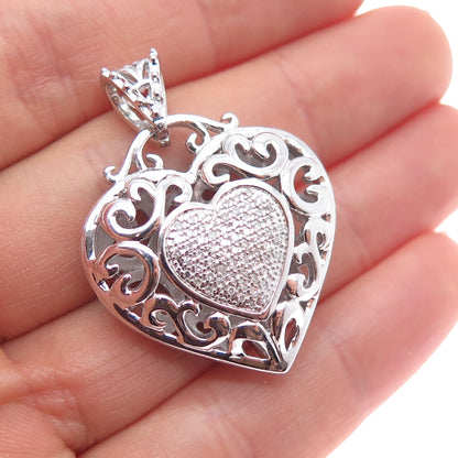 925 Sterling Silver Real Round-Cut Diamond Swirl Heart Charm Pendant