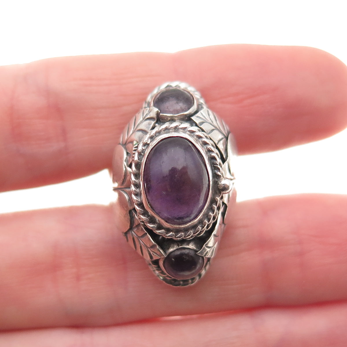 925 Sterling Silver Vintage Mexico Real Amethyst Adjustable Poison Ring Size 7.5