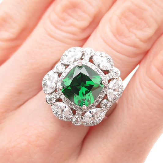 925 Sterling Silver Green & White C Z Bohemian Ring Size 8.25