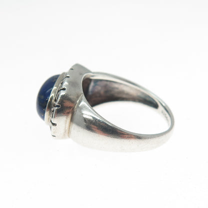 925 Sterling Silver Vintage Real Cabochon Lapis Lapis Greek Key Ring Size 6