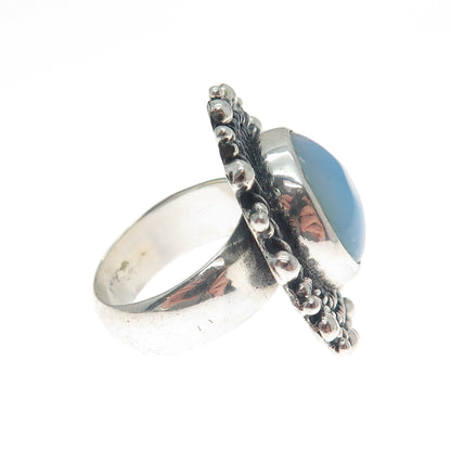925 Sterling Silver Vintage Real Opalite Roped Beaded Sun Oxidized Ring Size 8.5