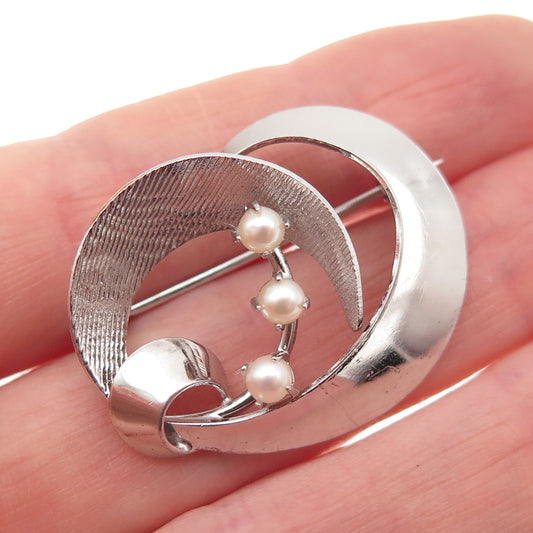 CARL ART 925 Sterling Silver Vintage Real Pearl Swirl Pin Brooch
